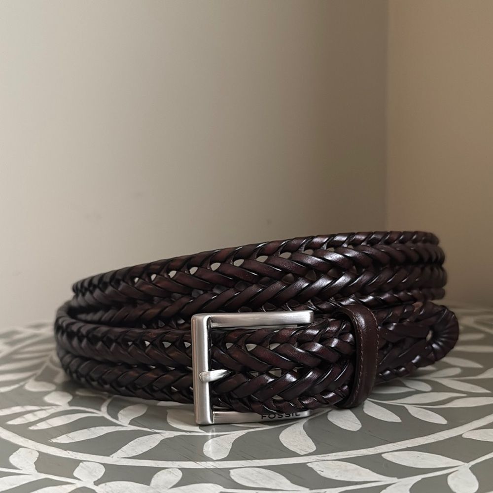 Fossil Brown Braided Leather Belt with Silver Buckle 100/40